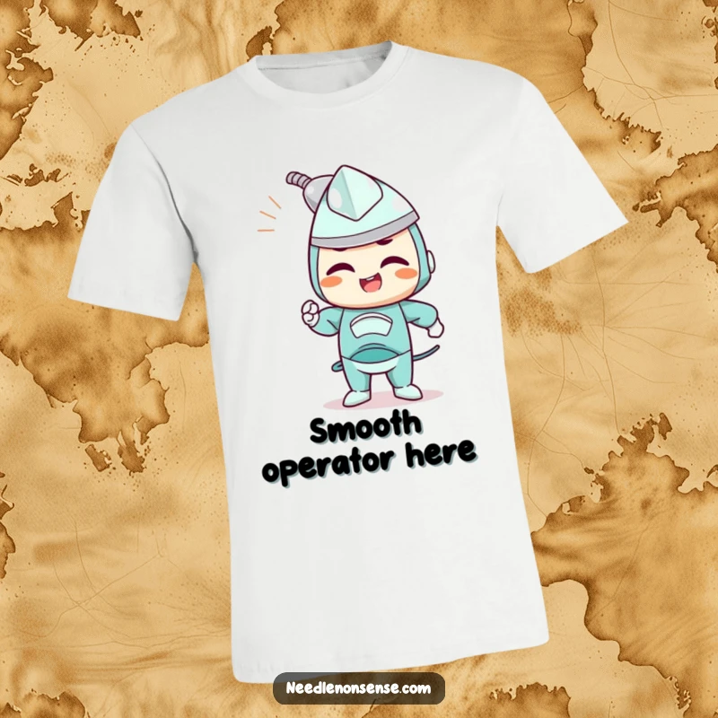 Funny t-shirt featuring a determined iron character joyfully smoothing out wrinkles, embodying precision and tidiness.