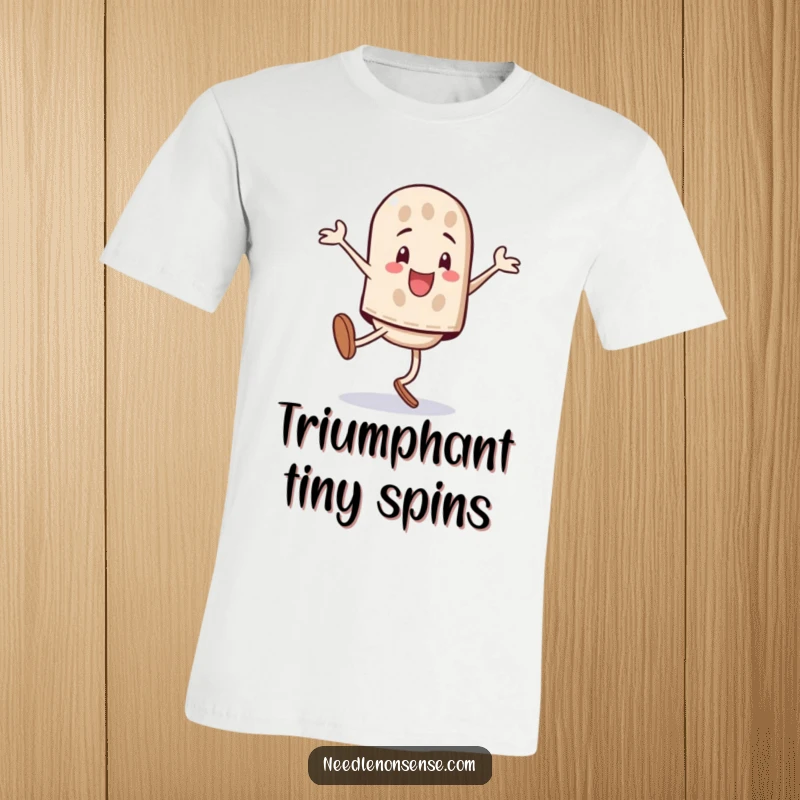 Funny playful thimble character performing a triumphant cartwheel, printed on a t-shirt.
