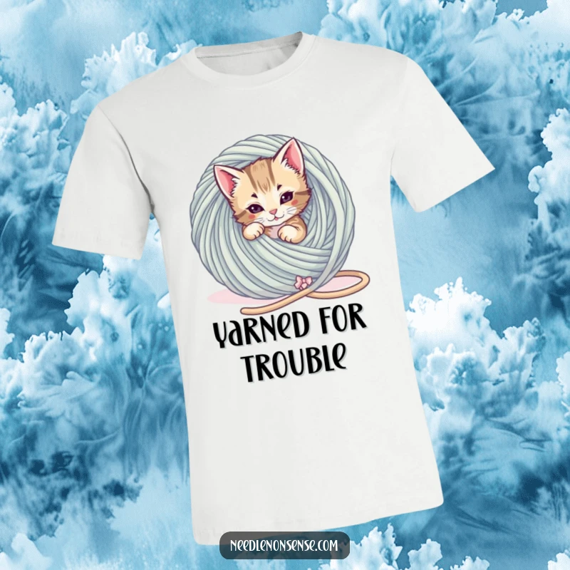 Funny Kitten Yarn Tangle T-Shirt, a playful kitten is stuck in a giant ball of yarn, funny cat shirt.