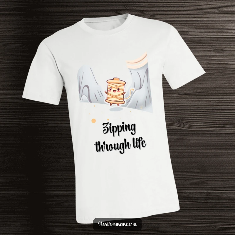 Funny t-shirt depicting a happy spool of thread character zipping swiftly across a colorful fabric landscape, full of motion.