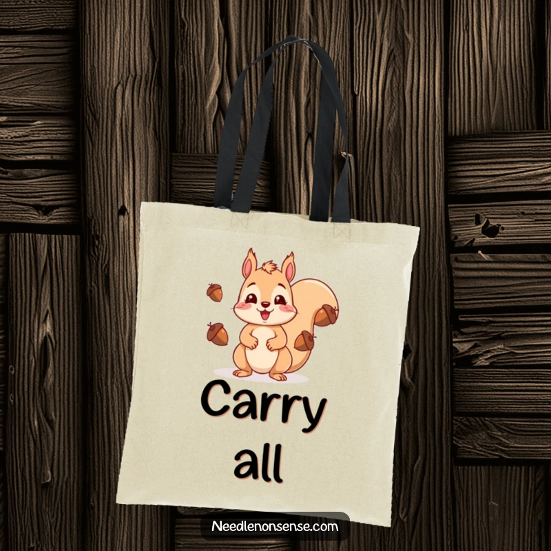 Funny kawaii squirrel in the act of juggling acorns, looking surprised, on a practical and humorous tote bag.