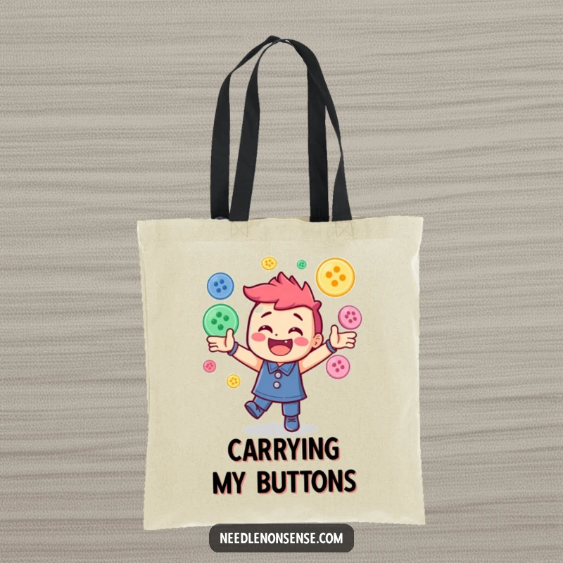 Funny tote bag featuring a cheerful character skillfully juggling a collection of bright sewing buttons, a practical and humorous item.