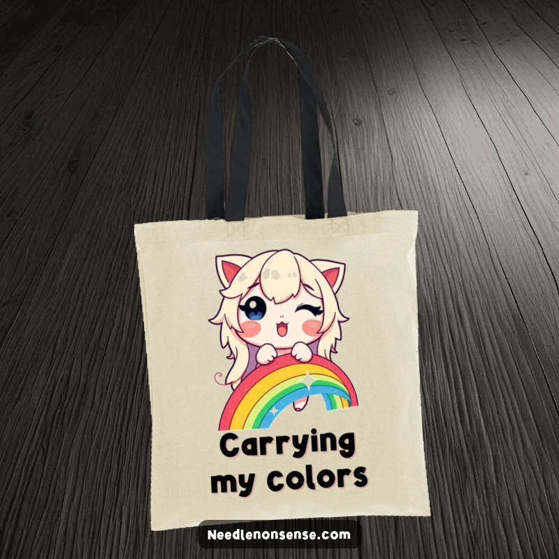 Funny tote bag showcasing a delighted character sewing a radiant rainbow with a magical, glowing thread.
