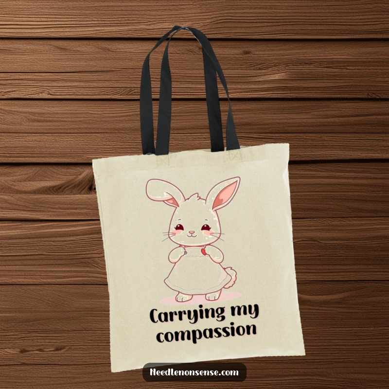 Funny playful bunny wearing a cute apron, stitching a tiny heart, a practical and humorous tote bag.