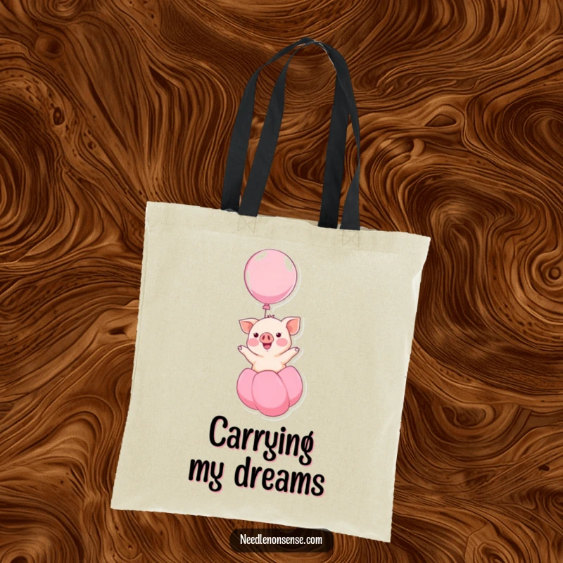 Funny kawaii piglet smiling while floating up on a balloon, a humorous and cheerful design on this tote bag, great for shopping.