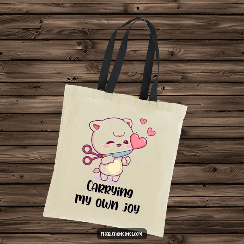 Funny Tote Bag: Mischievous character playfully cutting a floating heart with scissors, a stylish and humorous accessory.