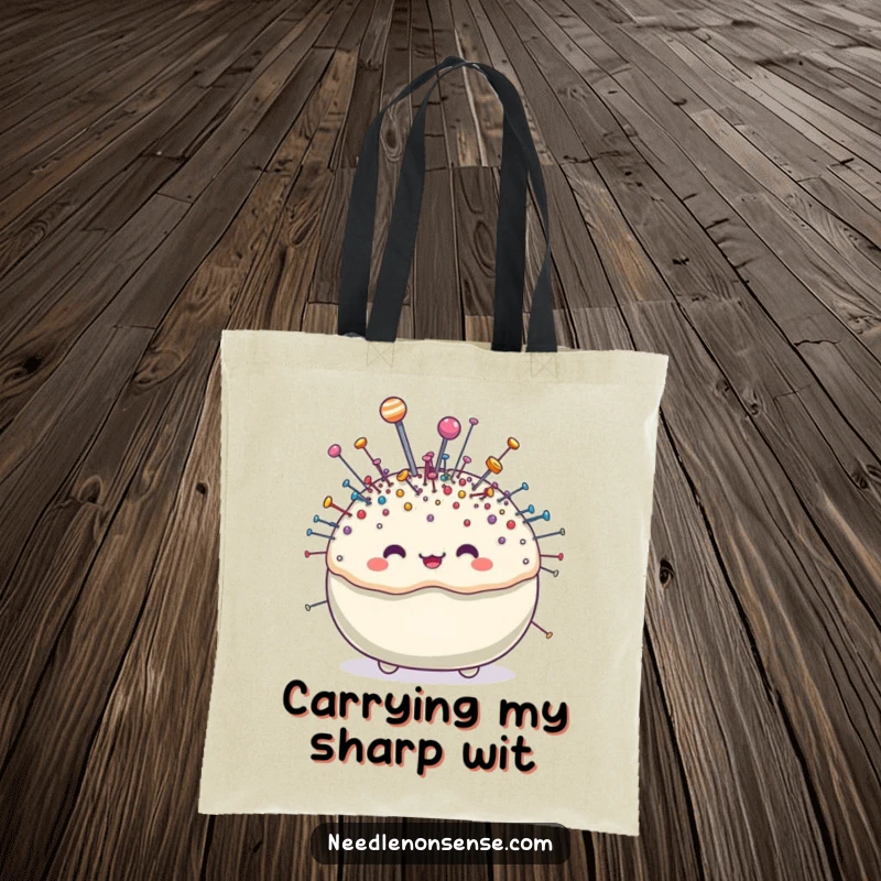 Funny pincushion character tote bag, brimming with sparkling pins, a cute and humorous accessory for crafters.