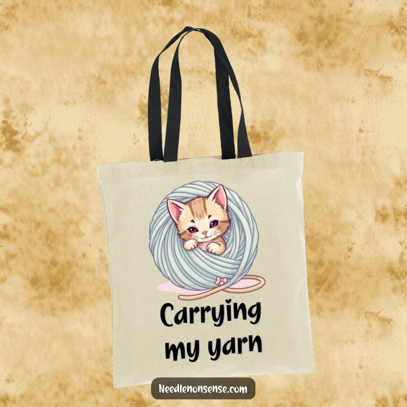 Funny Kitten Yarn Tangle Tote Bag, a playful kitten is tangled in a giant ball of yarn, funny cat tote.