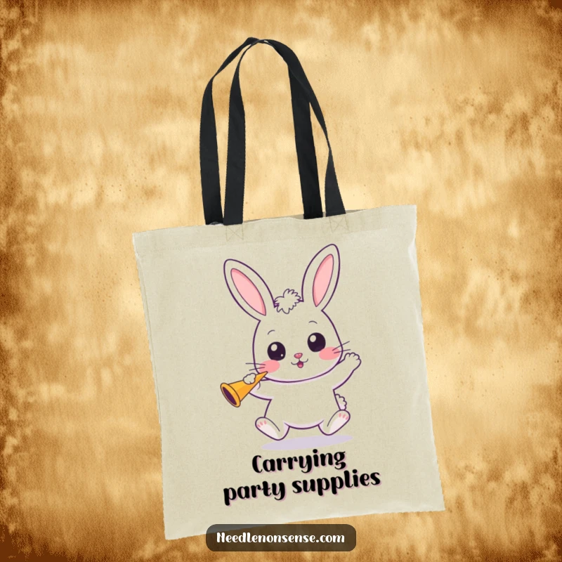 Funny Kawaii Bunny Tote Bag: An excited kawaii bunny bounces, wide-eyed and holding a party horn, ready for events.
