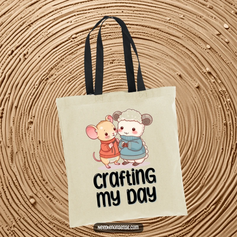 Funny Mouse and Sheep Knitting Tote Bag, a tiny mouse knits a sweater for an amused sheep, funny craft tote.