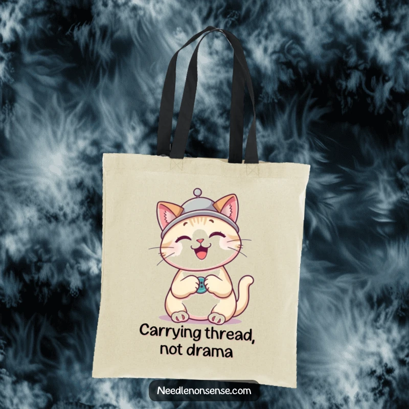 Funny cat wearing a thimble hat sewing a button, a charming and humorous tote bag design for crafters.