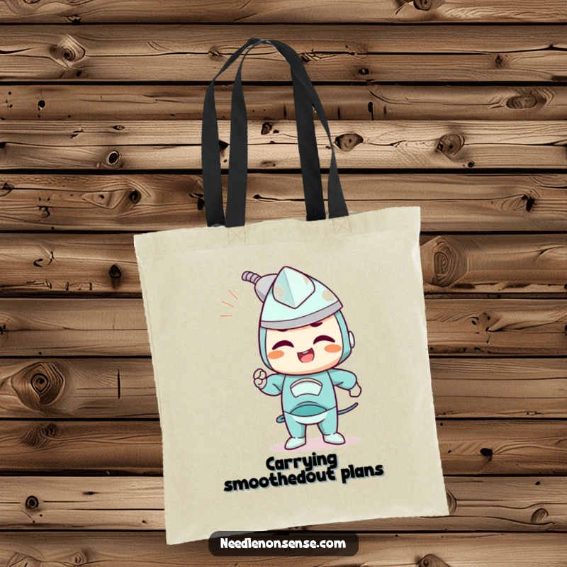Funny tote bag with a determined iron character joyfully smoothing out wrinkles, perfect for carrying essentials.