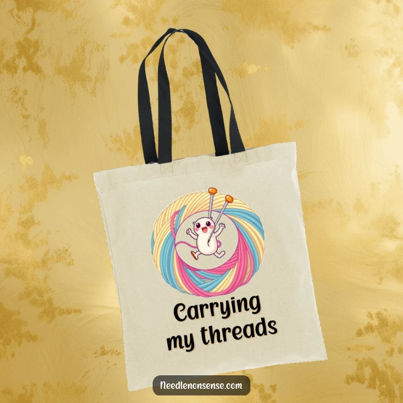 Funny tote bag with a cute needle character leaping through a colorful thread loop, ideal for carrying sewing supplies.