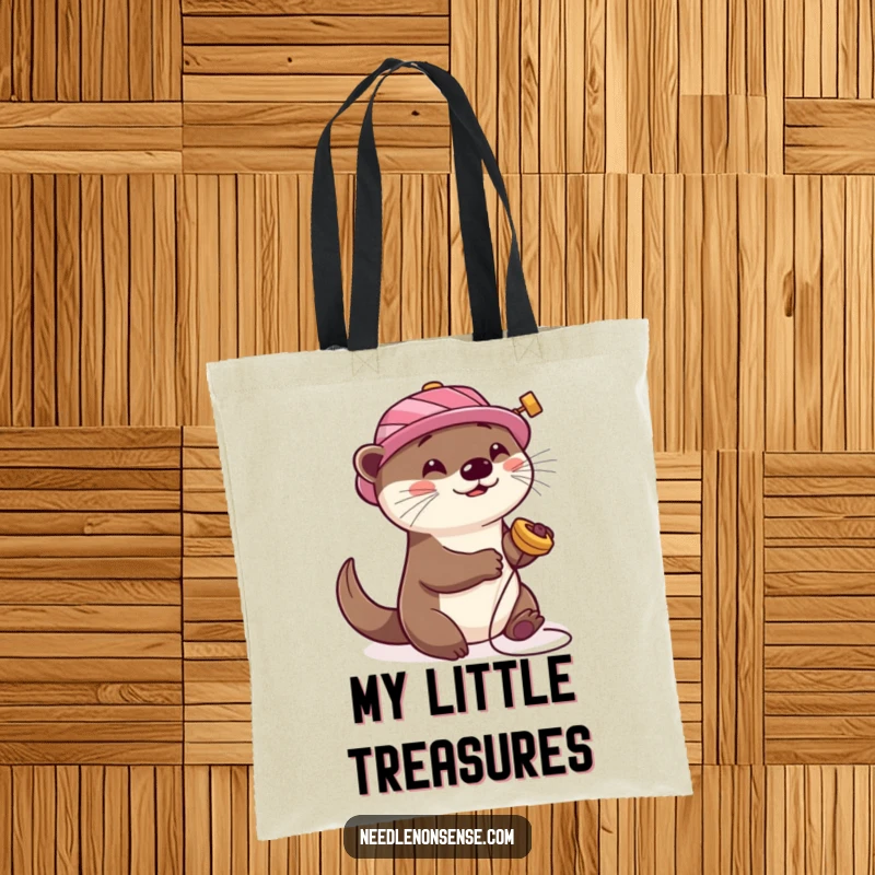 Funny Otter Sewing Tote Bag, showing a playful otter with a spool hat, happily spinning, perfect for carrying supplies.
