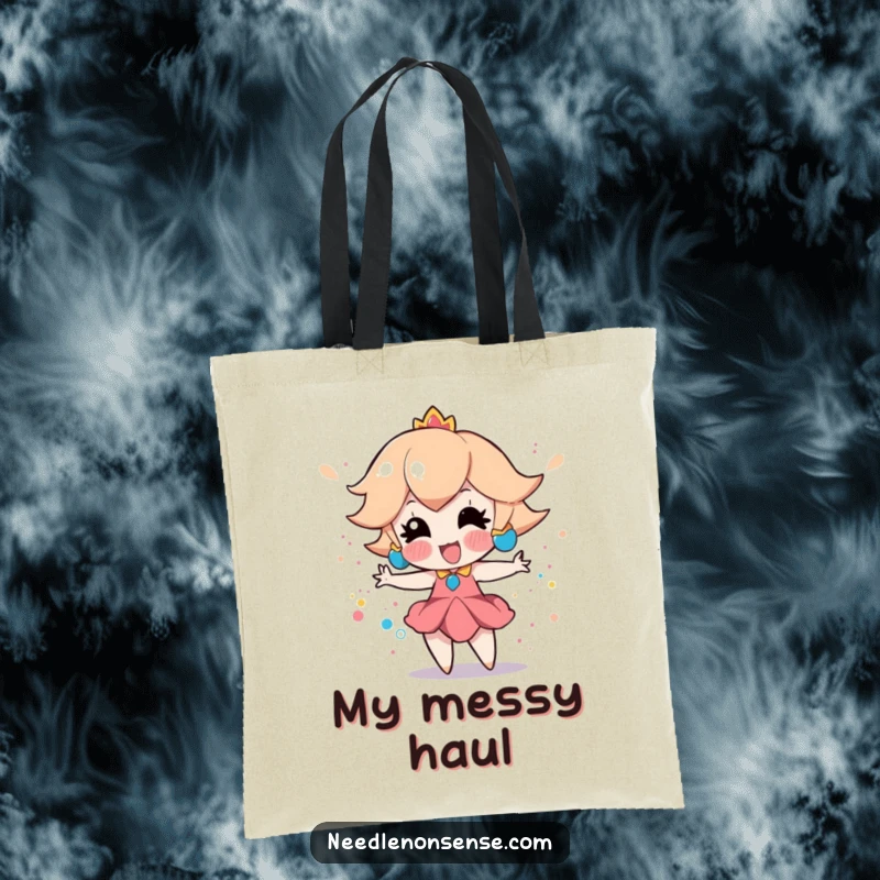 Funny tote bag displaying a playful peach character creating a vibrant splatter paint effect, perfect for artists and fruit enthusiasts.