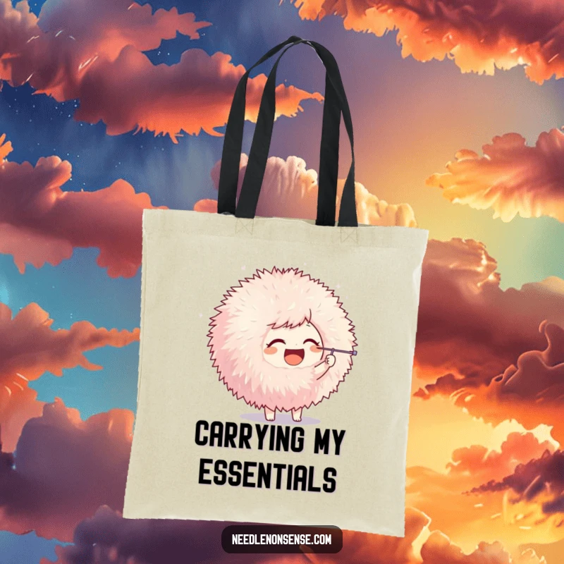 Funny tote bag depicting a joyful character poking a giant pom-pom with a needle, perfect for carrying supplies with humor.