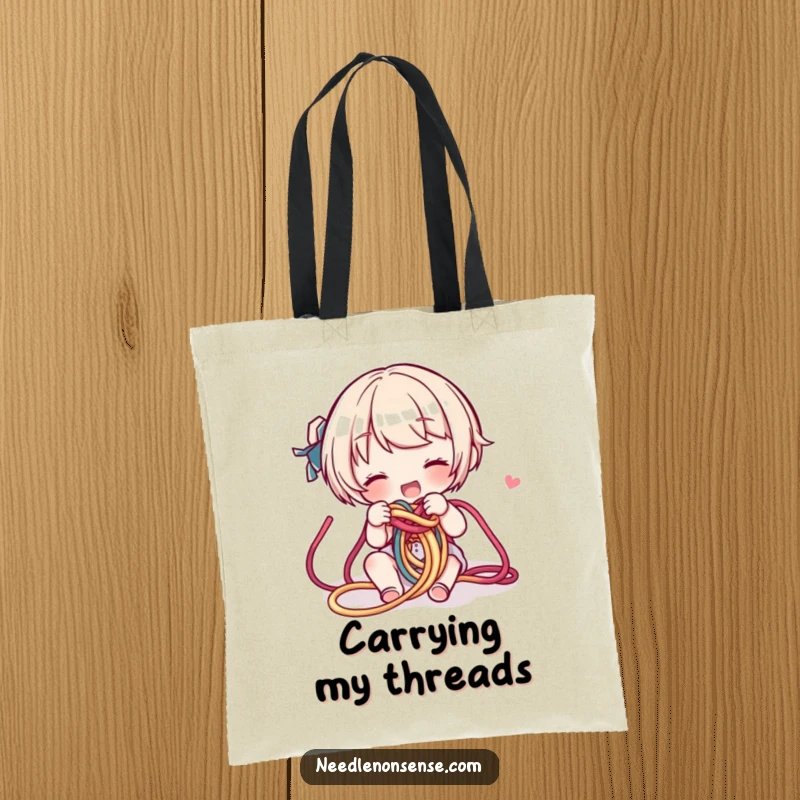 Funny Yarn Knot Tote Bag: A character untangles a colorful yarn knot, ready to carry all your crafting essentials.
