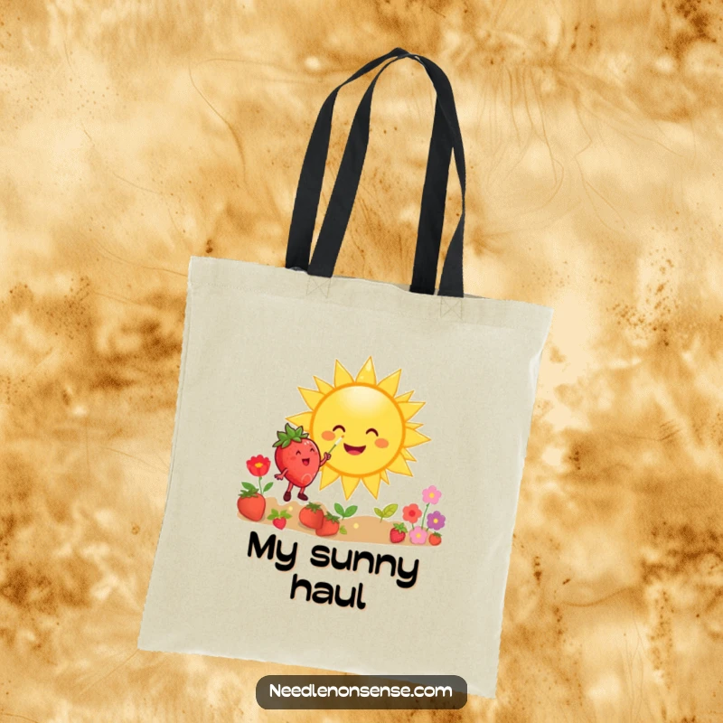 Funny tote bag displaying a happy strawberry character painting a giant smiling sun, perfect for art enthusiasts and sunny days.