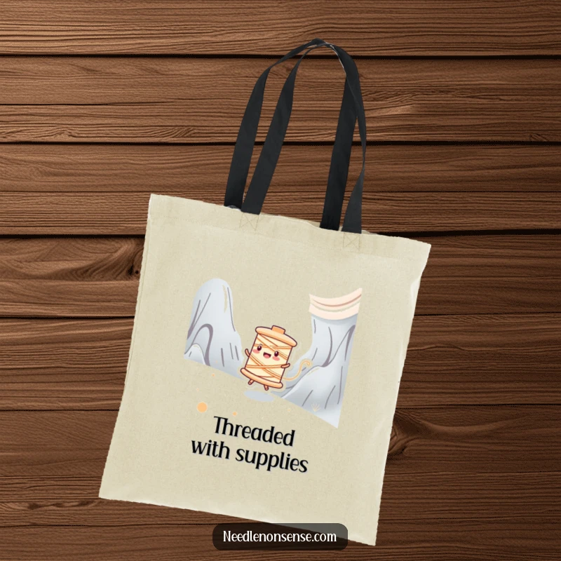 Funny tote bag with a happy spool of thread character zipping across a fabric landscape, ideal for craft essentials.